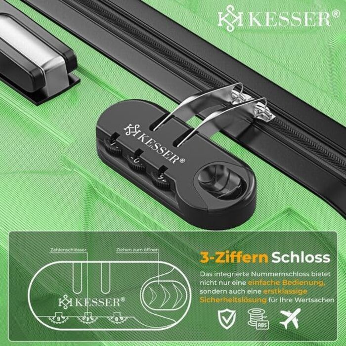 Набір дорожніх валіз KESSER з ABS-пластику, 4 предмети: жорсткі валізи з кодовим замком, вагами та гаманцем, колеса 360°, колір Apple Green