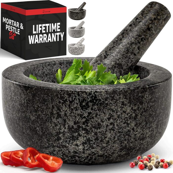 Набір ступки та пестика Priority Chef Heavy Duty Extra Large, 4 чашки, ручна робота з натурального граніту. Для приготування гуакамоле, сальси, песто та інших страв. Об'єм: 2 чашки, чорний колір.