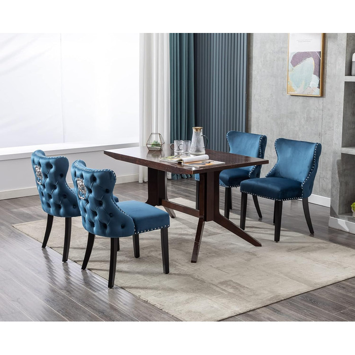 Крісла для їдальні з велюру, комплект 4 шт. - м'які крісла без підлокітників для кухні та вітальні, блакитні