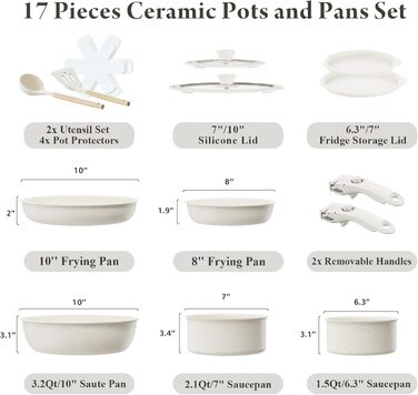 Набір кухонного посуду Bazova Ceramic, 17 предметів: каструлі та сковорідки з антипригарним покриттям, знімні ручки, для індукційних плит, стійкий до подряпин, безпечний для миття в посудомийній машині та випікання в духовці