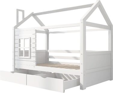 Дитяче ліжко 80x160 см з ящиками та віконцем, масивне дерево, захист від падіння, ламелі, для хлопчиків та дівчаток, ліжко-будиночок, без матраца, білий колір