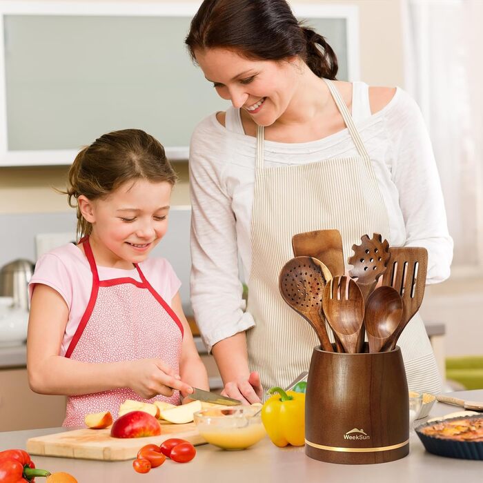 Набір кухонних аксесуарів з дерева (10 шт) з підставкою, лопатки, половники, половники для супу, ложки для салатів, виделки та ложки для салатів, набір кухонних аксесуарів з текового дерева, подарунок для кухарів та дому