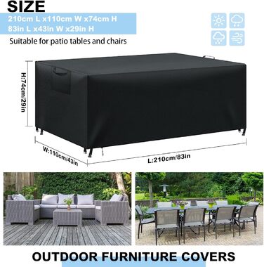Водонепроникний чохол для садовой меблів, захисний, анти-УФ, міцний, 420D Oxford, для садової групи, столів, тераси (180x120x74 см, чорний)