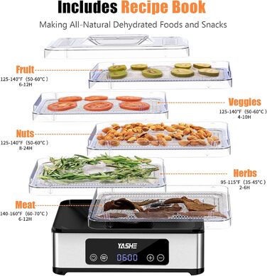 Електричний дегідратор YASHE з нержавіючою сіткою, 5-ярусний, 400W, з таймером для м'яса, фруктів, овочів, трав та собачих ласощів. 5 ярусів з нержавіючої сталі