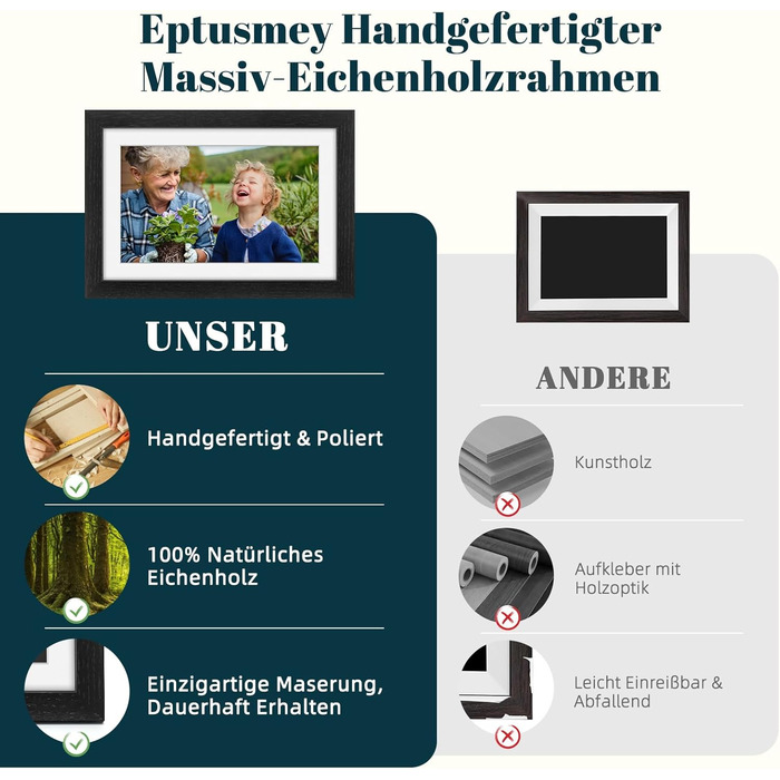 Цифровий фоторамка Eptusmey 10.1 дюйма з Wi-Fi, корпус з дуба, 32GB, IPS Touchscreen, підтримка Uhale APP, для подарунків, білий дуб