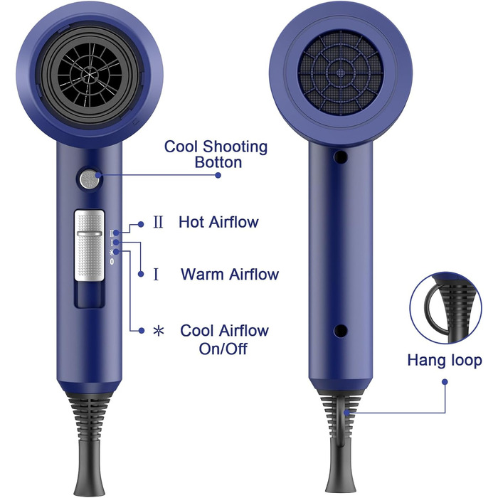 Іонний фен з двигуном змінного струму 1800 Вт, фен для швидкого сушіння волосся Slopehill, салонний фен з кнопкою гарячого/холодного, 3 концентратори та дифузор фена, 3 налаштування температури, 2 швидкості (темно-синій)