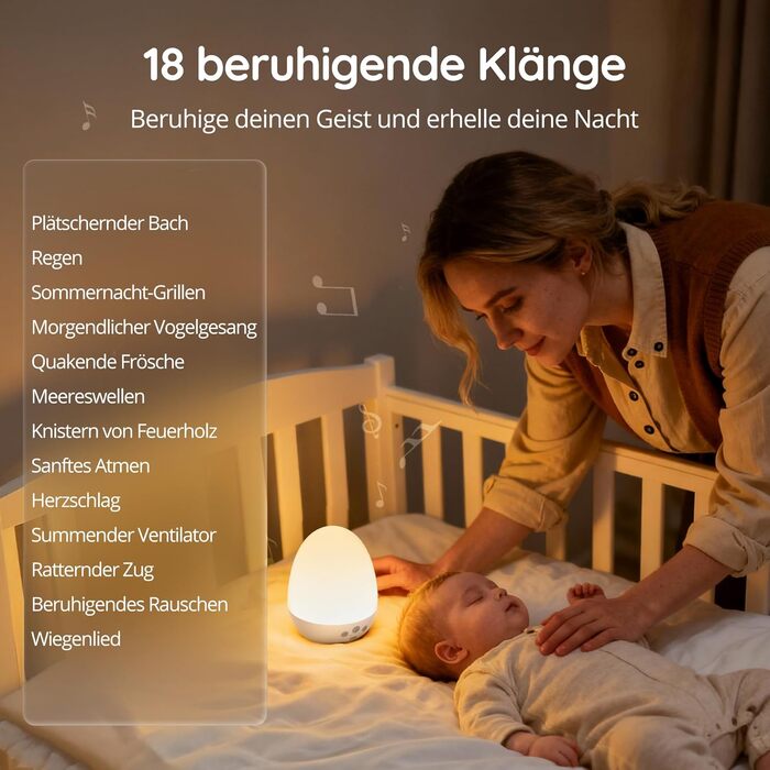 Нічник дитячий JolyWell з генератором білого шуму, RGB підсвічування, 3 режими температури, димер, 18 звуків, таймер, USB-C зарядка