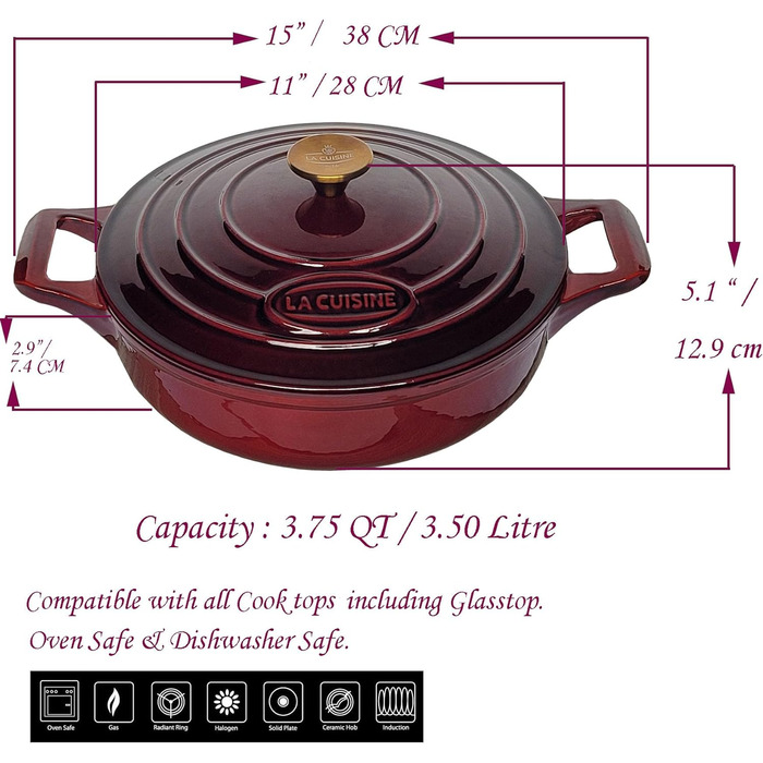 Чавунна сковорода La Cuisine 62000 матово-чорне емальоване покриття, термостійкі силіконові тримачі в комплекті. Приготування їжі в приміщенні та на відкритому повітрі, безпечне для духовки (журавлинно-червона, сковорода 28 см)