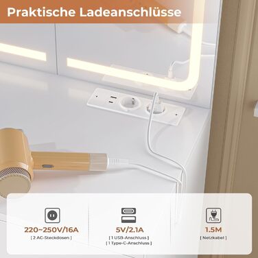 Великий туалетний столик AOGLLATI з великим дзеркалом та регульованою LED-підсвіткою, 3 висувні ящики та 2 шафки. Сучасний туалетний столик для спальні (білий)