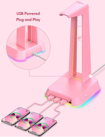 Підставка для навушників PHNIXGAM RGB з концентратором AUX та USB, універсальний тримач для ігрової гарнітури (рожевий)