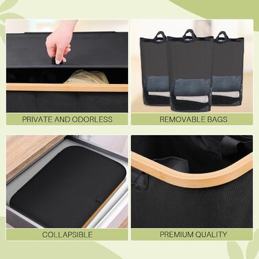 Кошик для білизни з кришкою, 160 л, сортувальник для брудної білизни з 3 відділеннями, знімні внутрішні кишені, етикетки, чорний, 160 л