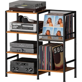 Підставка для програвача з полицями для вінілових платівок, до 200+ альбомів, медіа-тумба, консольний столик, стійка для аудіо-відео, підставка для програвача, полиця в стилі рустік, коричнева, компактна