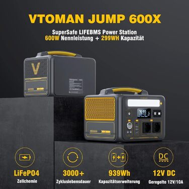Портативна електростанція VTOMAN Jump 600X: 600W, 299Wh, LiFePO4, сонячний генератор, розширювана ємність