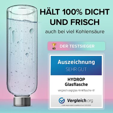 Скляна пляшка HYDROP, яка виграла випробування, об'ємом 1 літр із захисною кришкою небитка - пляшка для пиття об'ємом 1 л або 750 мл підходить для газування і герметичності - пляшка для води з високоякісної подарунковій упаковкою (Рожевий / Фіолетовий, 75
