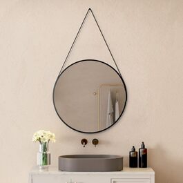 Круглий дзеркало Boromal Schwarz діаметром 40 см з реміннем, велике кругле дзеркало для ванної кімнати, спальні, вітальні, передпокою, з підвішуванням на стіну, з шкіряним реміннем