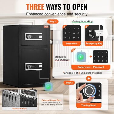 Сейф VEVOR з вогнестійким кишеням, 3,5 кубічних футів, 2 перегородки, цифровий сейф для дому, чорний, 1 дверцята (2 відділення)