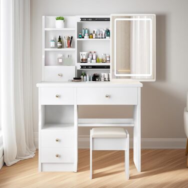 Дзеркальний туалетний столик YuYe з LED-підсвічуванням, регульованою яскравістю, з пуфом, 5 шухлядами та 3 полицями, білий, модель T68