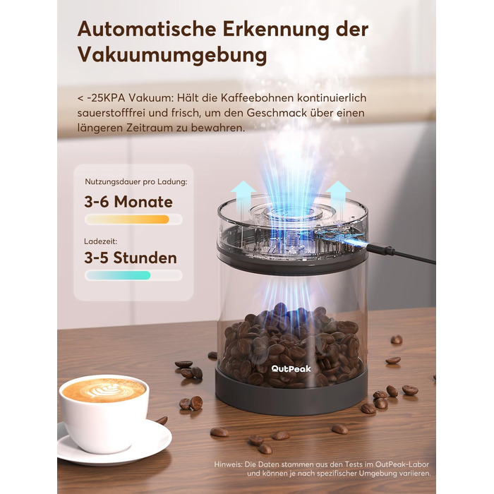 OUTPEAK Neo 2025 Kilo Auto-Vakuum-Kaffeedose: Контейнер для кави з авто-вакуумним насосом, 1,5 л, для 500 г кавових зерен, з кнопкою, з нержавіючої сталі, для бариста, подарунок (великий, матовий чорний)