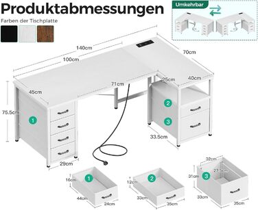 Комп'ютерний стіл Coleshome L-подібної форми з ящиками для документів, USB-роз'ємом та розеткою, для дому та офісу (білий, 140x70 см)