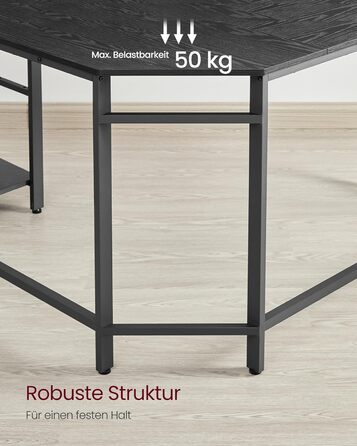 VASAGLE L-подібний кутовий стіл для комп'ютера, 138 x 138 x 76 см, з 2 полицями, для офісу та дому, ігровий, чорний з імітацією дерева, LWD072B56