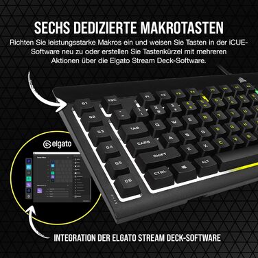 Клавіатура Corsair K55 RGB PRO, провідна, мембранна, QWERTZ DE, чорна, IP42, 6 макро-клавіші, сумісна з iCUE, для PC, Mac, Xbox