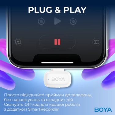 Бездротовий петличний мікрофон BOYA mini-13 Type-C/Lightning White