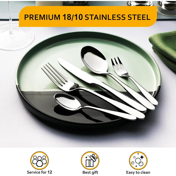 Набір столових приборів Velaze на 12 осіб (60 предметів) з нержавіючої сталі, столовий набір з 12 ножів, виделок, десертних виделок, ложок та чайних ложок, полірований, придатний для миття в посудомийній машині