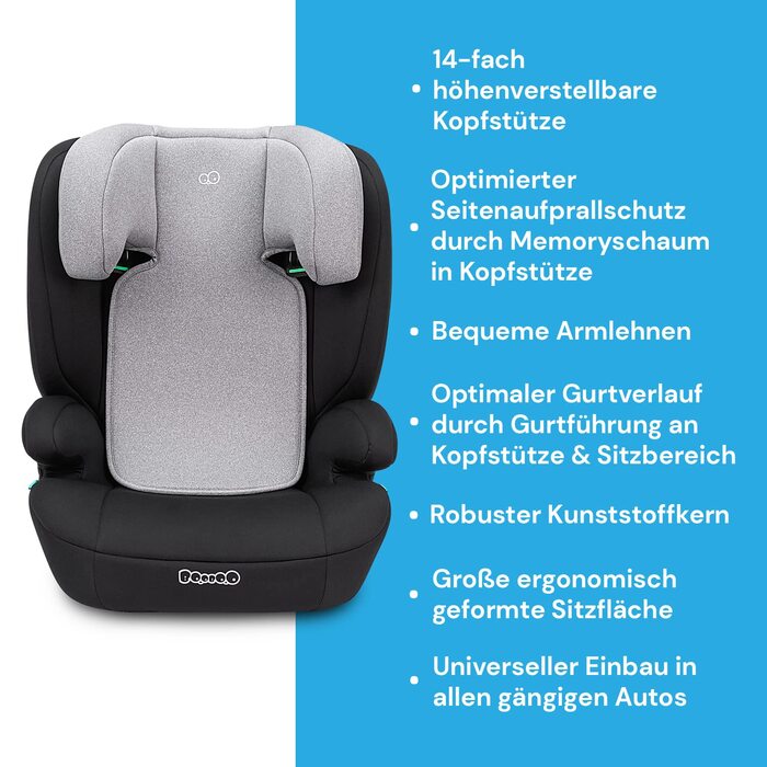 Дитяче автокрісло Booboo Safety Oslo без Isofix приблизно від 3 років, i-Size від 100 до 150 см, бустер зі спинкою - чорно-сірий