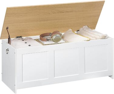 HOOBRO Лавка з ящиком для іграшок, 100 см, білий та натуральне дерево, з безпечним шарніром, для дому