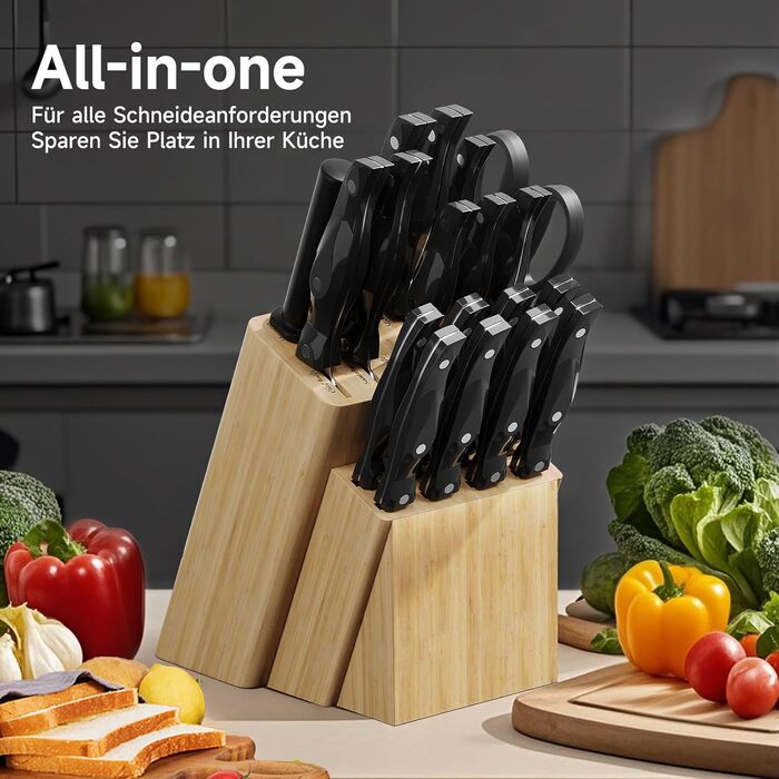 Набір ножів Messerblock: 19 предметів, нержавіюча сталь, з підставкою з дерева, для професійної кухні, з точильним каменем