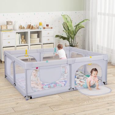 Дитячий манеж COSTWAY Laufstall з матрацом 189 x 158 см, з 50 м'ячиками та 4 ручками. Манеж-ігровий центр з дихаючим мережем для малюків (Світло-сірий)