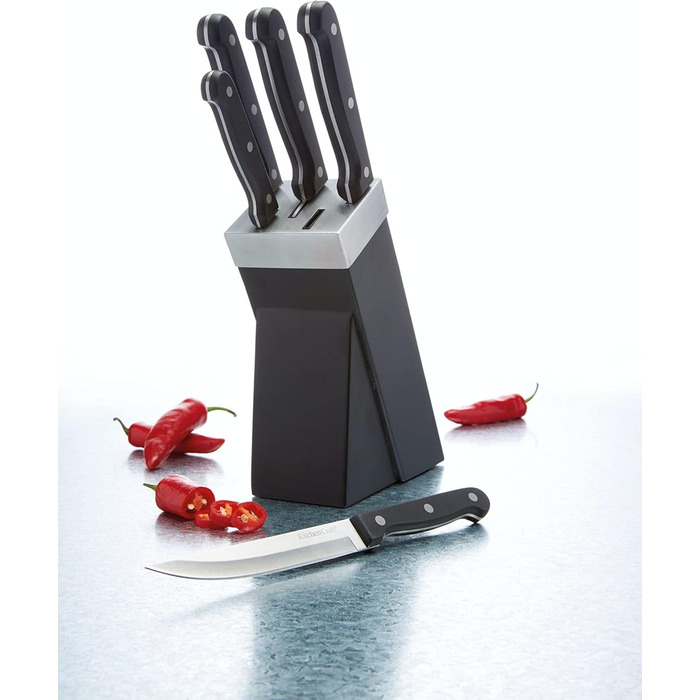 Набір ножів KitchenCraft з підставкою (5 шт.) з нержавіючої сталі, з нержавіючої сталі, з приглушеними ручками, миється в посудомийній машині, срібно-чорний, 15 x 8 x 29,5 см