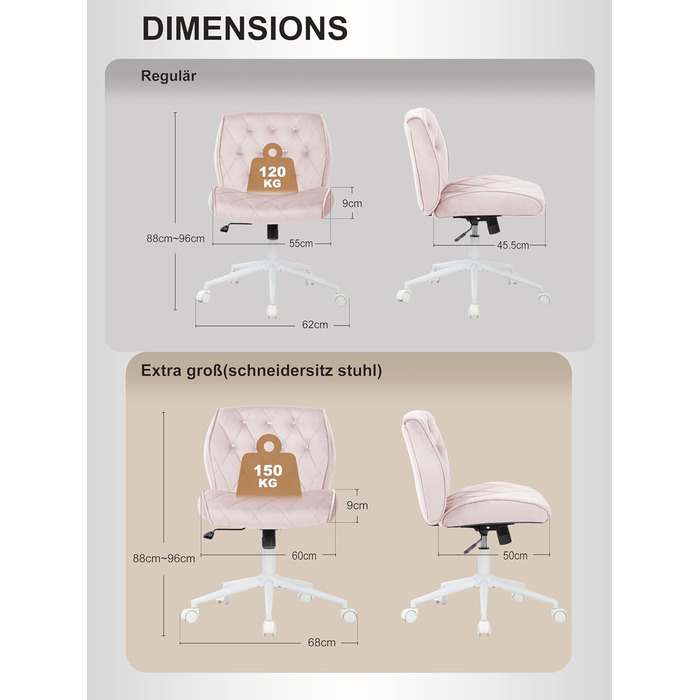 Крісло для дому та офісу Symino з регульованою висотою, функцією гойдання 12°, обшите штучною замшею, 360° обертання, ергономічне, до 150 кг, велике, рожеве