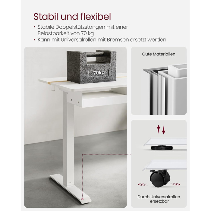 Електричний регульований стіл VASAGLE 120x60 см, білий + горіховий, з пам'яттю висоти, з розетками та ящиком