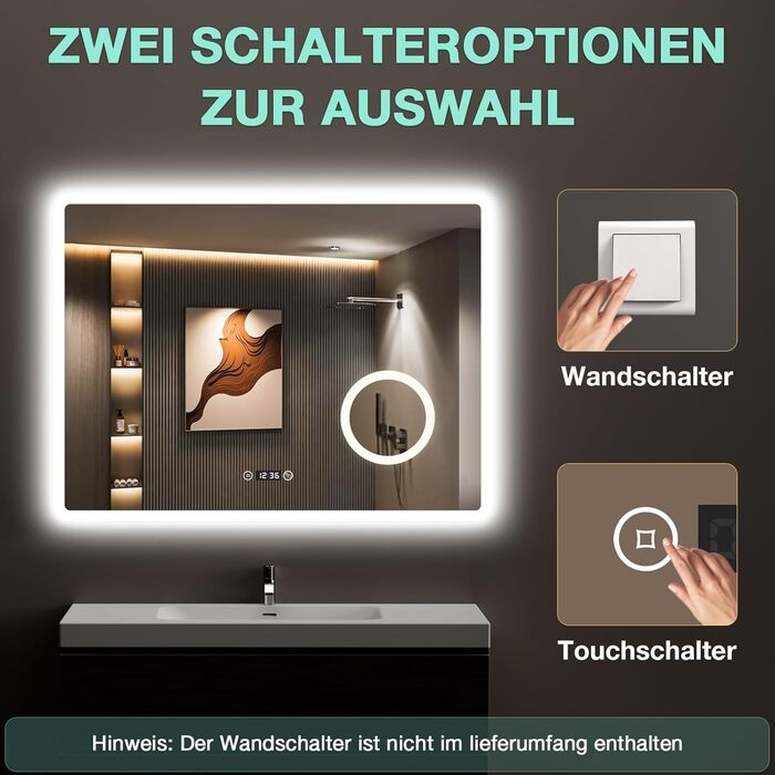 Дзеркало для ванної кімнати з LED-підсвічуванням GIMBELEN 80x60 см, прямокутне, сенсорне управління, регульована яскравість, 3 кольори світла, антизапарник, для вертикального/горизонтального монтажу