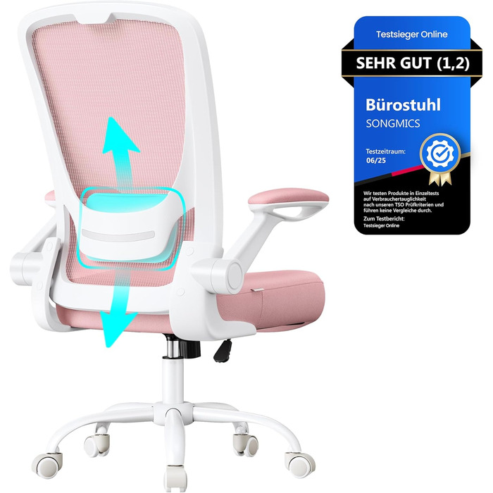 Офісне крісло SONGMICS з ергономічною спинкою та підлокітниками, сітка, підтримка попереку, функція гойдання, ширина сидіння 53 см, для офісу, спальні, студентів, пастельно-рожевий, без підголівника OBN037R01