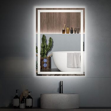 Дзеркало у ванну кімнату з підсвічуванням 50x70 см, сенсорне керування, протитуманне покриття, 3 кольори світла, регулювання яскравості, пам'ять налаштувань, матове покриття, прямокутна форма