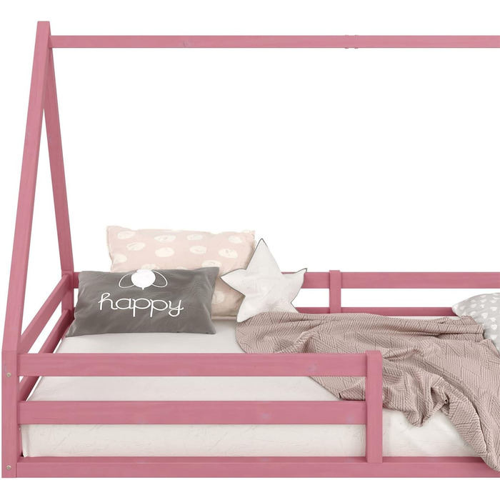 Домашнє ліжко IDIMEX SILA з масиву сосни, красиве ліжко Монтессорі 90 х 200 см, стійке дитяче ліжечко із захистом від падіння та дахом рожевого кольору