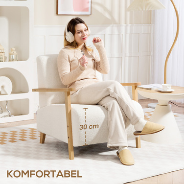 Крісло з підлокітниками та спинкою, м'яке крісло для відпочинку з ефектом шерсті, на дерев'яних ніжках, для спальні або вітальні, витримує до 120 кг, кремово-біле