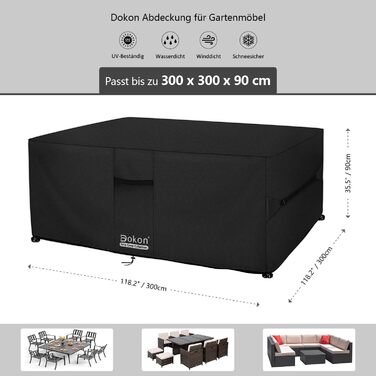 Водостійкий чохол для садово-патіо меблів 300x300x90 см, чорний, з вентиляційними отворами, 420D Oxford, захист від пилу та УФ-променів