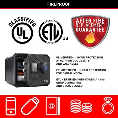 Master Lock FPW082FTCML - вогнестійкий та водонепроникний сейф, 23л, 417 x 348 x 478 мм, електронний замок з підсвічуванням, для дому та офісу, чорний