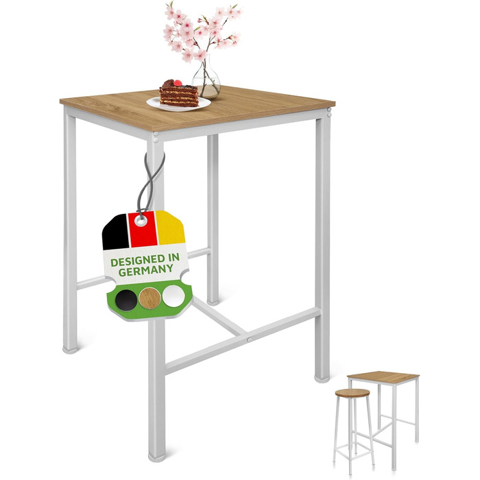 Барний стіл BeFair з дуба та білого кольору, 60x60 см, індустріальний дизайн, металеві ніжки, з підніжкою