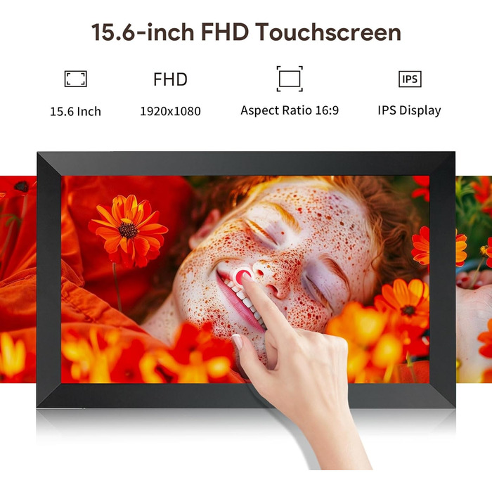 Frameo Цифровий фоторамка 15.6 дюймів, FHD IPS сенсорний екран, 32GB, Wi-Fi, автоматичне обертання, віддалене завантаження фото та відео, XL