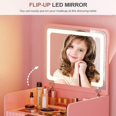 Трюмо Lvifur з LED-дзеркалом та 3 шухлядами, кутовий, для спальні, квартири, гуртожитку, білий (рожевий)