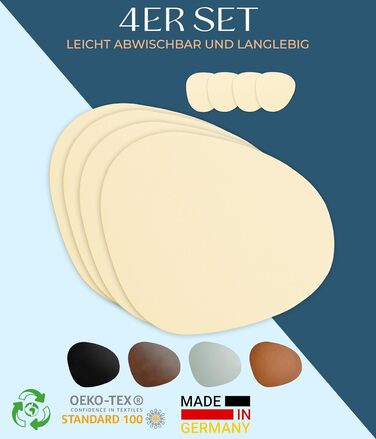 Набори серветок для столу, 4 шт. – екологічні, стабільні та неслизькі – з еко-шкіри, Made in Germany (Сучасний стиль, Бежевий колір)