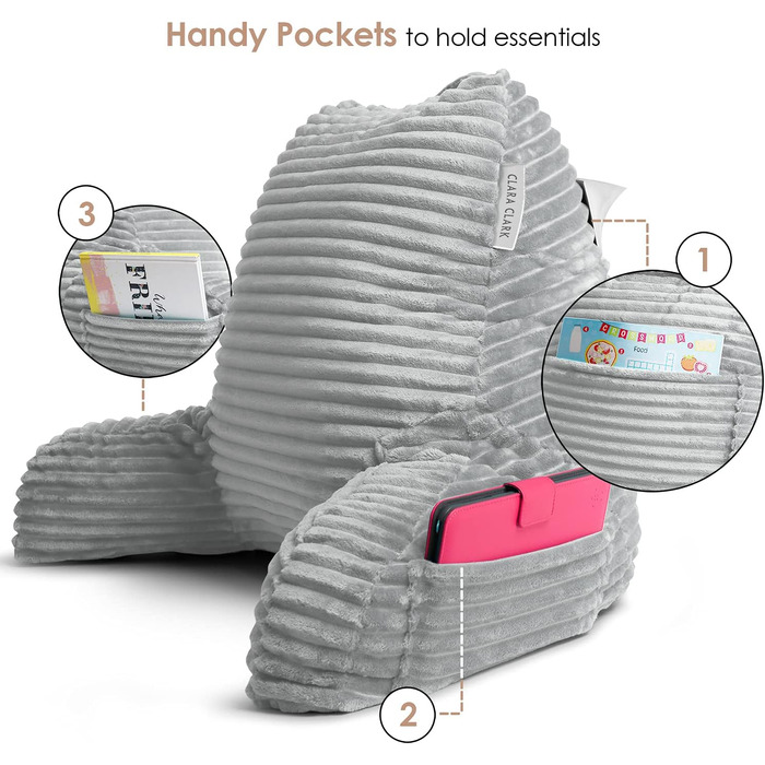 Крісло-лежак Clara Clark для дорослих - спинка для сидіння в ліжку, стандартна плюшева подушка для ліжка, подушка з подрібненим пінополіуретаном з підлокітниками та кишенями, сріблясто-сірий колір