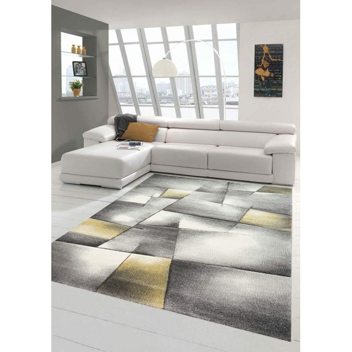 Килим-дизайнерський килим мрії, Сучасний килим, килим для вітальні, килим з коротким ворсом, з контурним вирізом, розмір в клітку (200 см, круглий, жовтий, сірий)