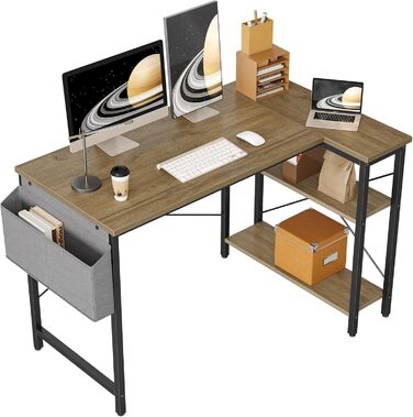 Кутовий комп'ютерний стіл BEXEVUE з розеткою та LED-підсвічуванням, 120x70 см. Ергономічний, з полицями, для дому, навчання та роботи. Чорний колір.