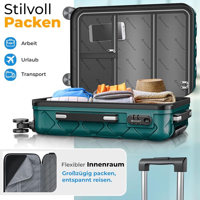 Набір валіз KESSER з 4 предметів, жорсткий корпус ABS, кодовий замок, ваги для багажу та дорожня сумка, колеса 360°, колір Petrol