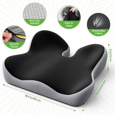 Ортопедична подушка для сидіння Benazcap з Memory Foam для офісного крісла, автомобіля, інвалідного візка. Зменшує біль у куприку. Чорний/Сірий колір